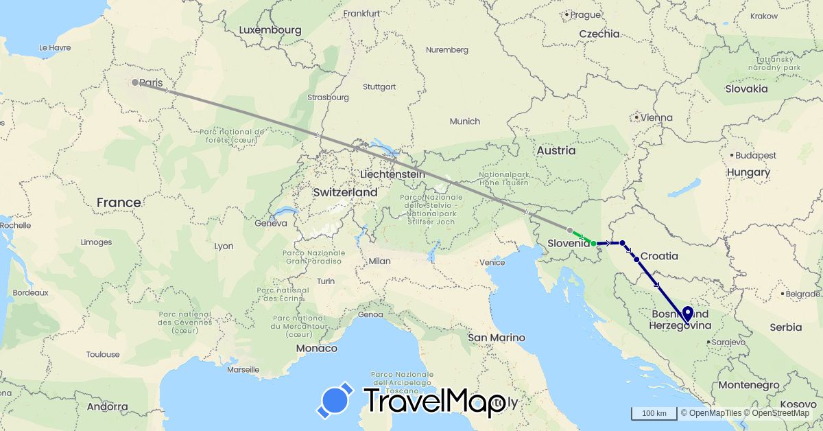TravelMap itinerary: driving, bus, plane in Bosnia and Herzegovina, France, Croatia, Slovenia (Europe)
